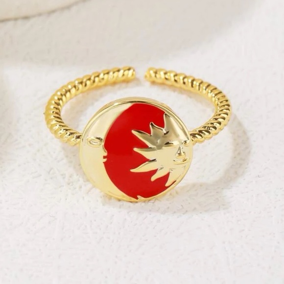 New Gold Dipped Red Enamel Sun & Moon Textured Cuff Ring / Red & Gold Boho Vibes - Picture 3 of 15